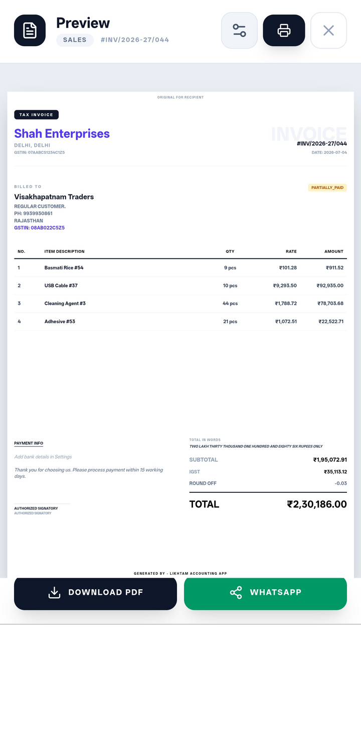 Likhtam GST Invoice screen