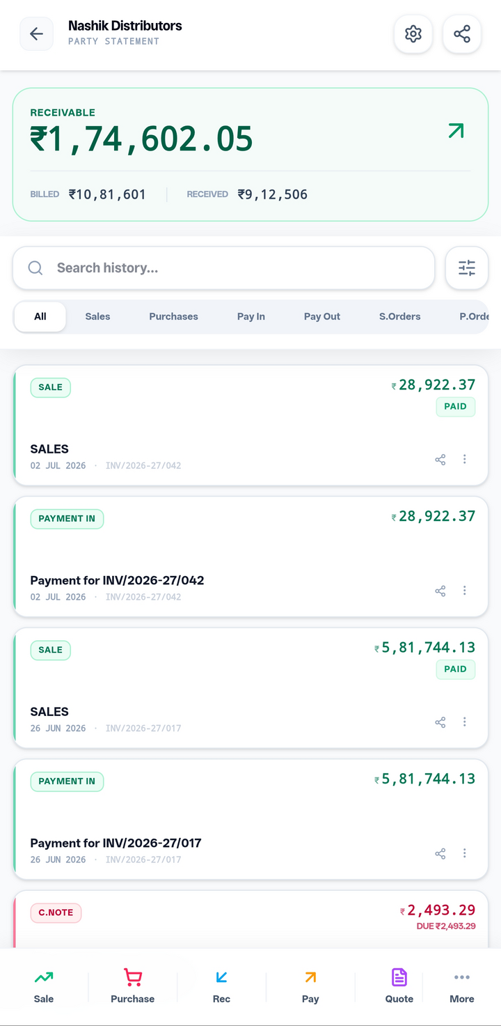 Likhtam Party Ledger screen