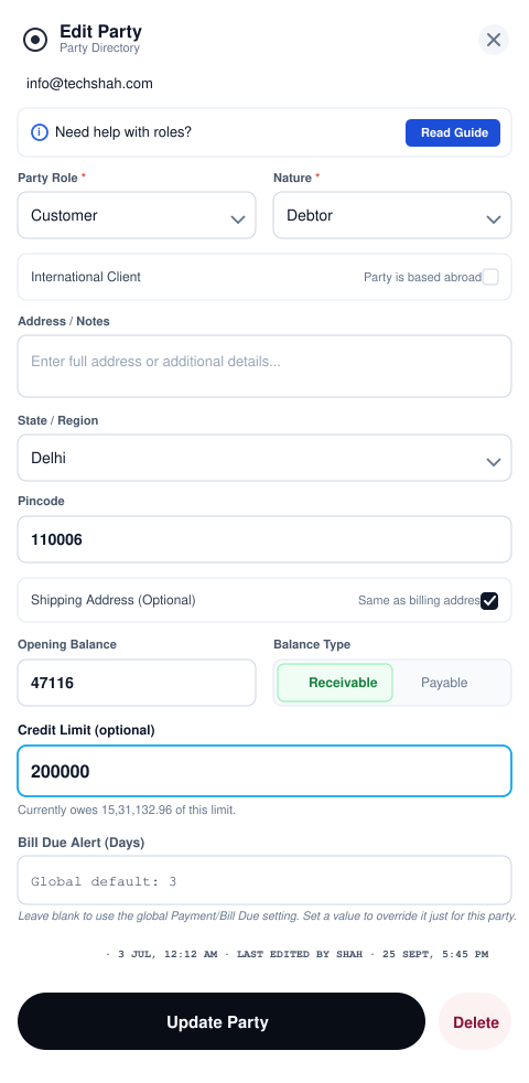 Likhtam Customer credit limits with safety alerts screen