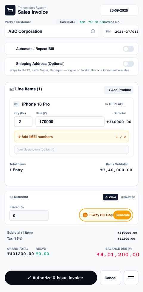 Likhtam Quick E-Way Bill & E-Invoice generation screen