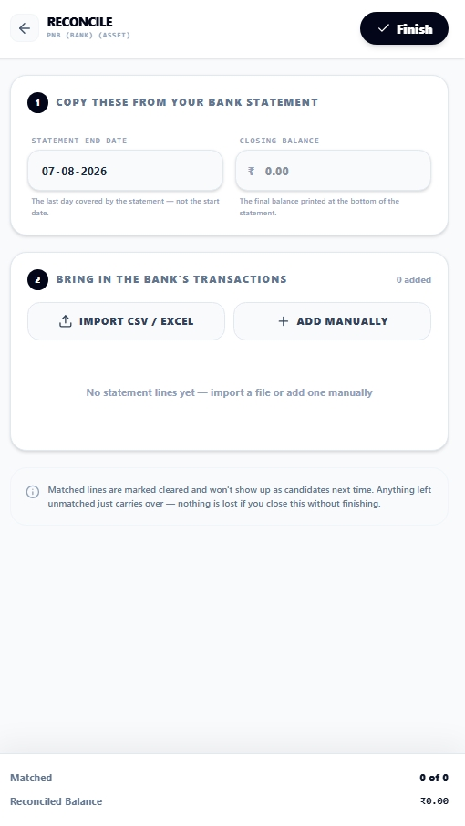 Likhtam Bank reconciliation, matched against your statement screen