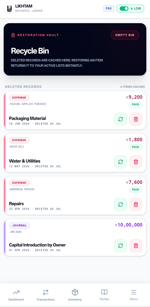 Likhtam Recycle bin — undo any delete screen