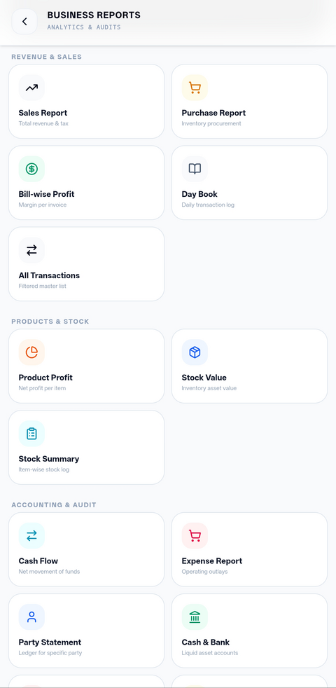 Likhtam P&L, Trial Balance, Cash Flow & Stock reports screen