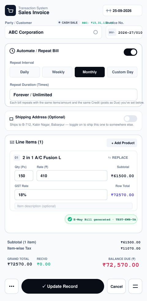 Likhtam Auto-billing & recurring client invoicing screen