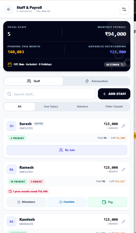 Likhtam Staff, attendance & payroll screen